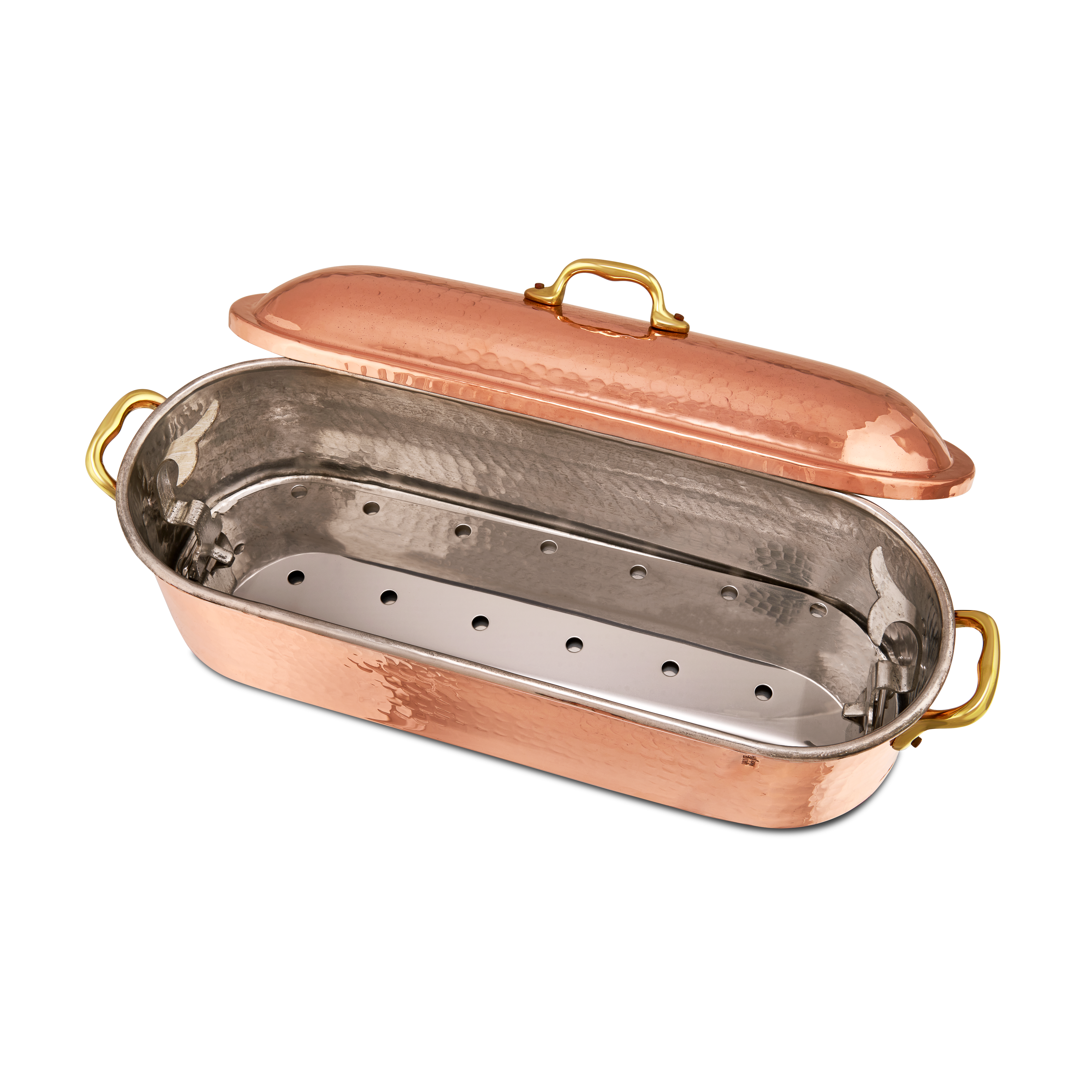 Truitière en cuivre étamé martelé avec grille et couvercle M'TRADITION